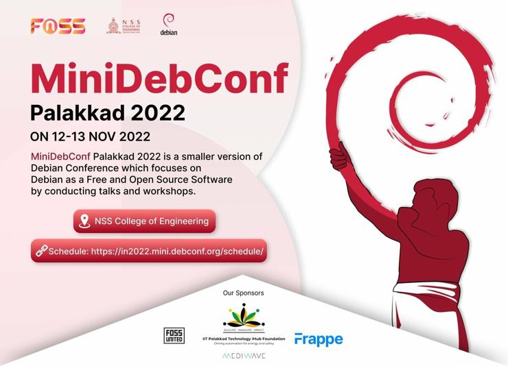 MiniDebConf Palakkad 2022 poster showing important information like venue, schedule link and sponsors. 